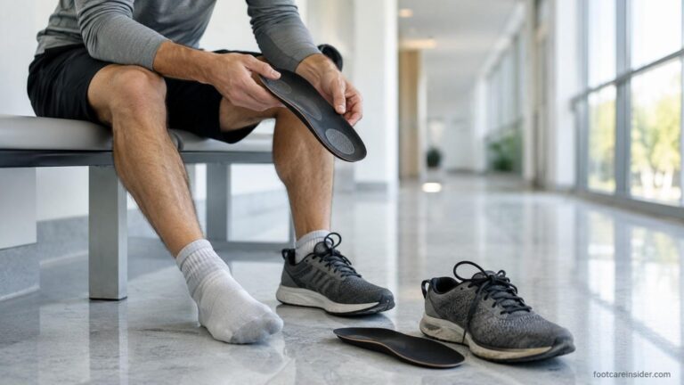 Active walker holding a supportive insole after heavy walking with walking shoes nearby.