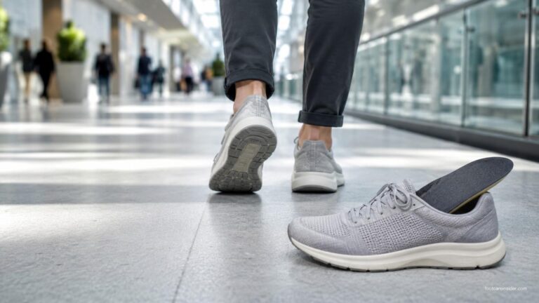 Person walking in everyday sneakers with a supportive insole shown in a walking shoe for daily comfort.