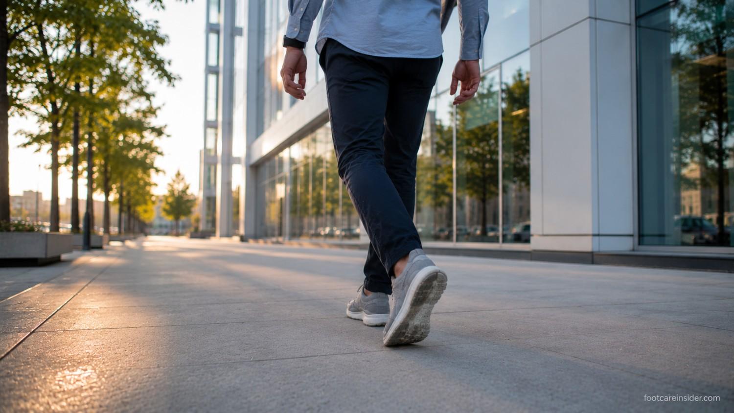Adult walking naturally on a modern pedestrian path with subtle inward foot movement illustrating how overpronation may influence posture during everyday walking.