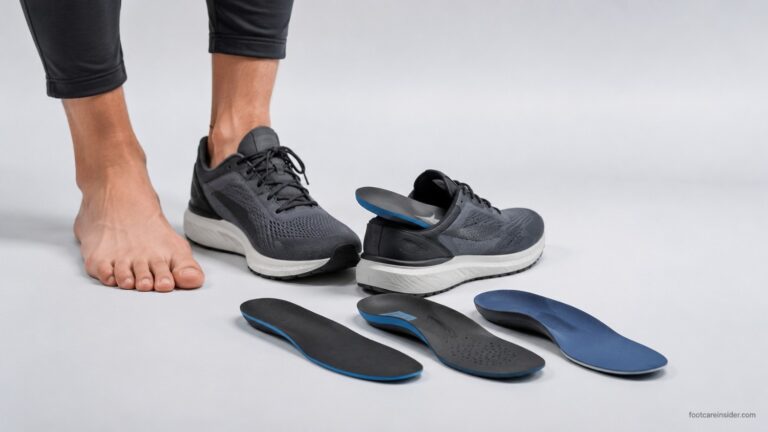 Adult with high arches wearing supportive walking shoes, with a premium orthotic insole and additional supportive insoles displayed beside the shoe, illustrating all-day comfort and arch support in a clean healthcare editorial setting.