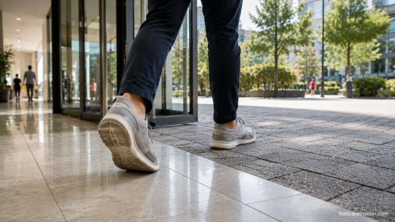 Adult walking from an indoor hard floor onto outdoor pavement in everyday walking shoes.