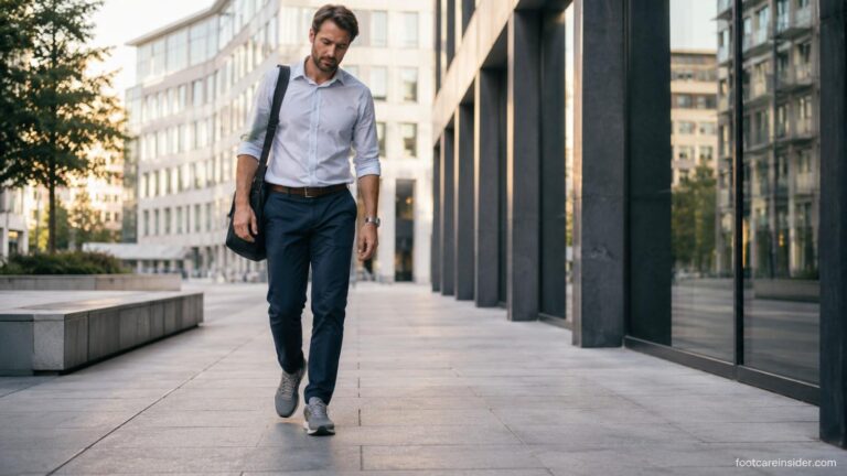 Adult walking in supportive sneakers on a concrete walkway near the end of the day, illustrating everyday leg fatigue associated with flat feet during prolonged walking.