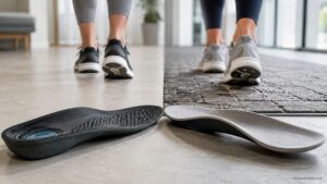 Comparison of cushioned knee pain insole and structured arch support insole beside walking shoes, illustrating two different approaches to everyday foot support and comfort.