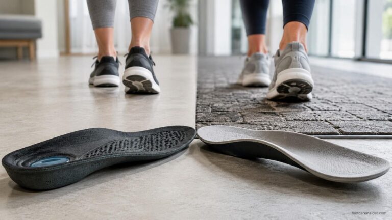 Comparison of cushioned knee pain insole and structured arch support insole beside walking shoes, illustrating two different approaches to everyday foot support and comfort.