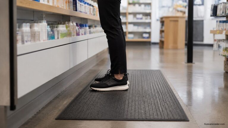 Worker standing on an anti-fatigue mat in supportive shoes during a long shift, illustrating how prolonged standing can contribute to end-of-day foot fatigue.