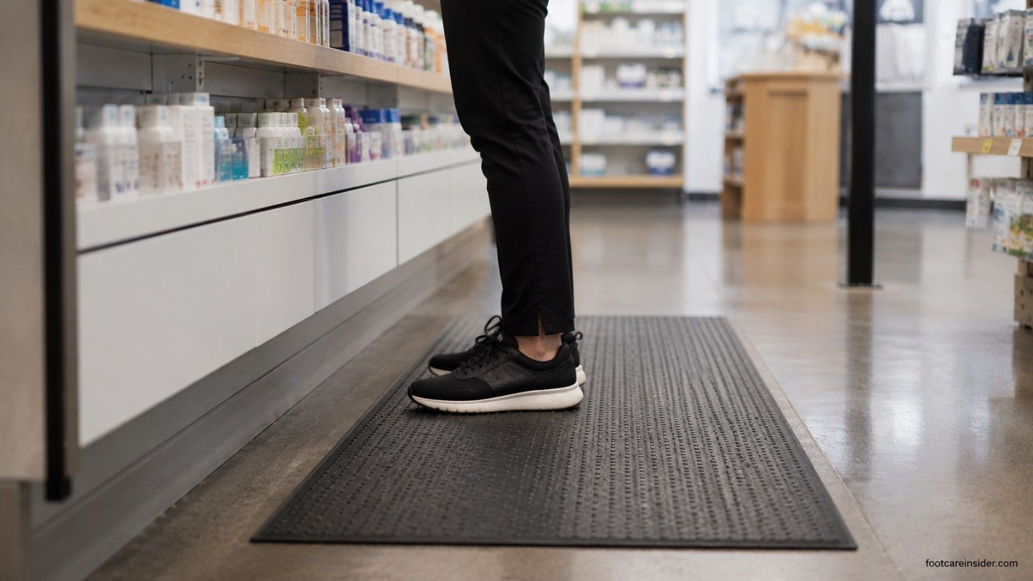 Worker standing on an anti-fatigue mat in supportive shoes during a long shift, illustrating how prolonged standing can contribute to end-of-day foot fatigue.