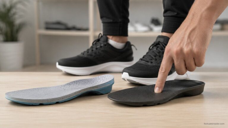 Person comparing soft and firm shoe insoles by pressing their surfaces beside everyday walking shoes, illustrating how insole firmness affects foot support and comfort.