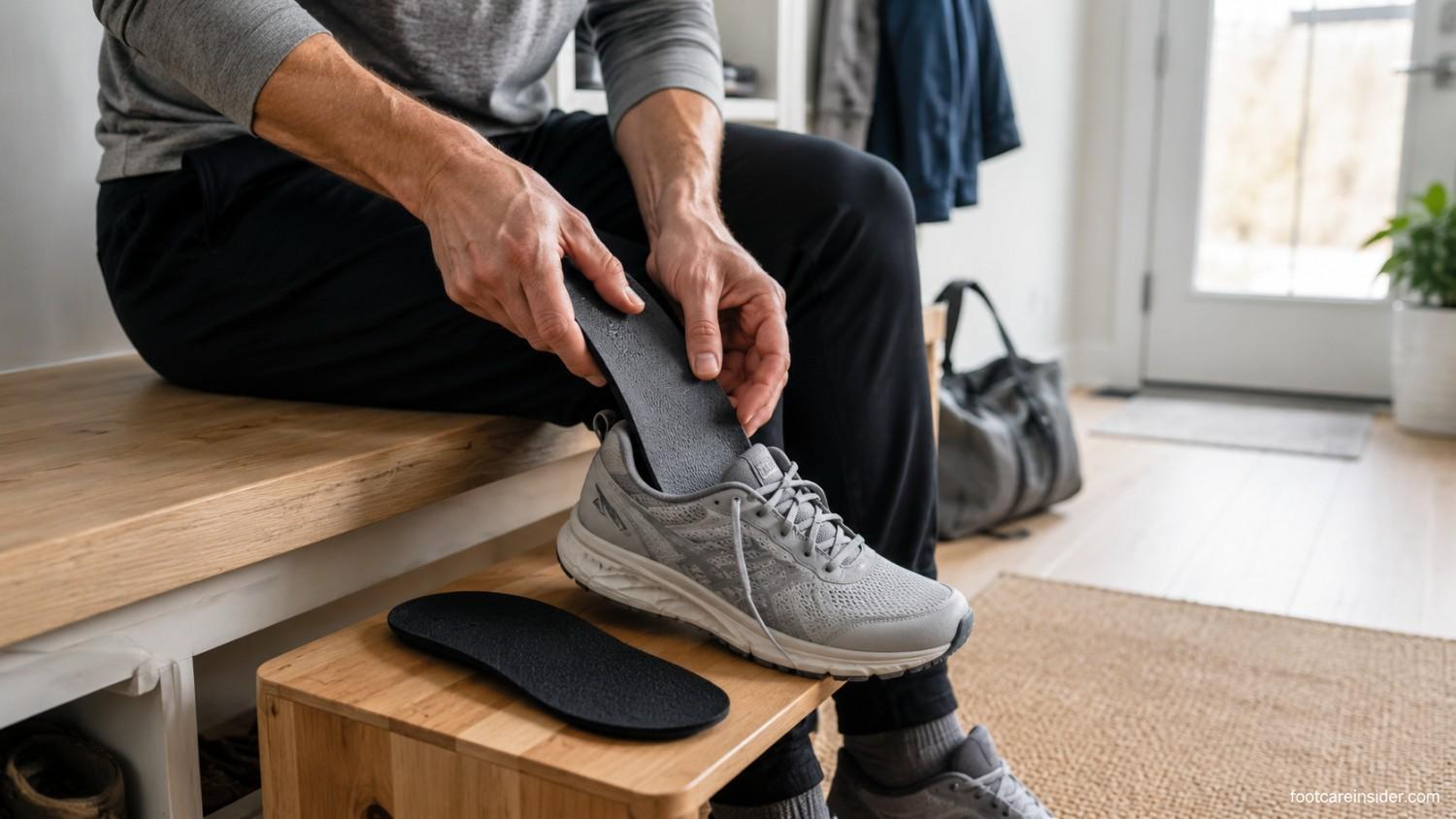 Person replacing a factory shoe insole with a supportive replacement insole before putting on an athletic walking shoe at home.