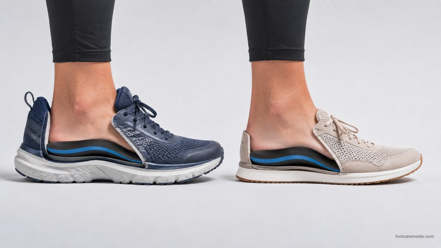 Editorial healthcare image showing the same supportive arch insole inside two different shoe styles to illustrate why arch support can feel different depending on shoe shape, depth, and cushioning.