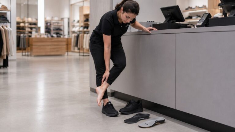 Retail worker at the end of a shift with supportive insoles and work shoes in a clean healthcare-style editorial scene about insoles for standing on hard floors.