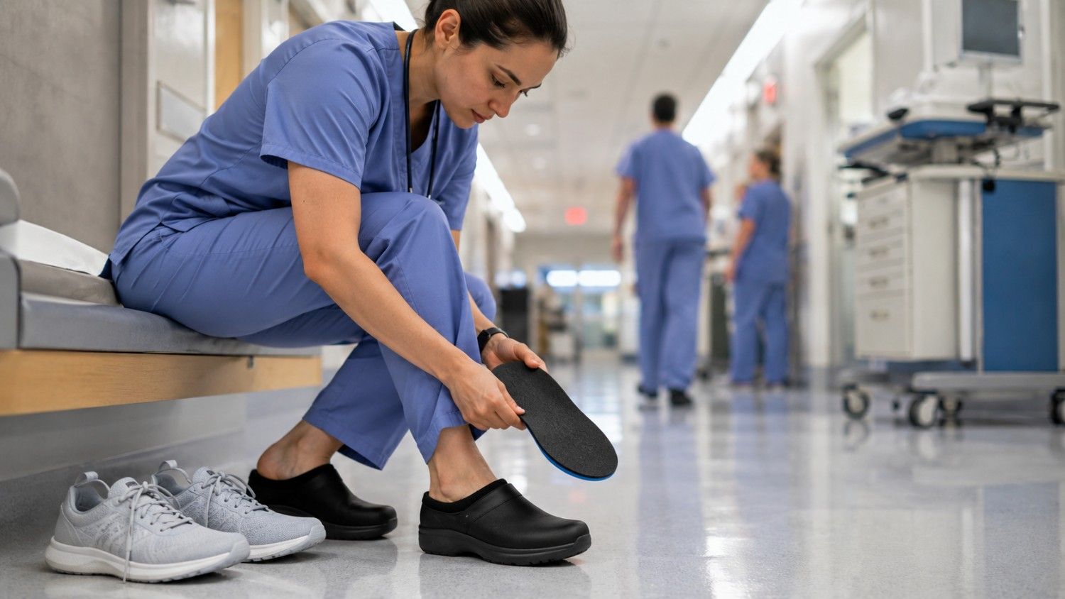 Nurse in blue scrubs sitting on a hospital bench and placing a supportive insole into a black work clog, with hospital staff and equipment softly blurred in the corridor behind her.