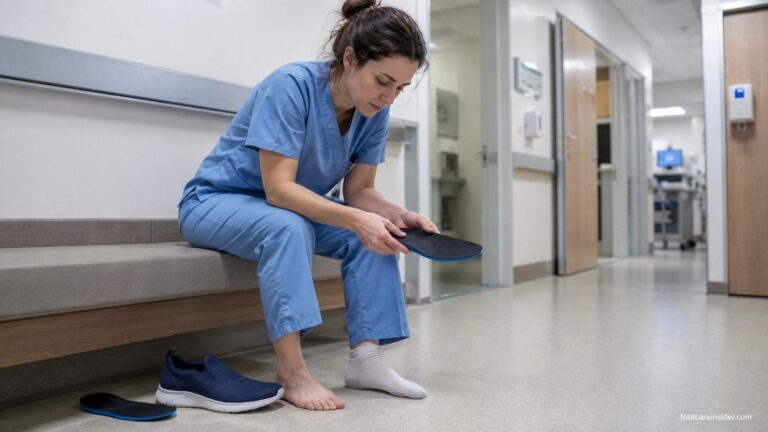 Tired hospital worker after a long shift removing a work shoe and holding a supportive insole in a clean clinical setting, illustrating foot fatigue from standing and walking all day.