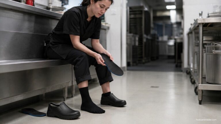 Tired food service worker removing a slip-resistant work shoe and holding a supportive insole after a long shift, illustrating foot fatigue and insole support for standing on hard floors.