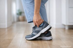 Adult adjusting a supportive walking shoe with a new insole while standing at home, illustrating mild arch discomfort during the normal adjustment period.