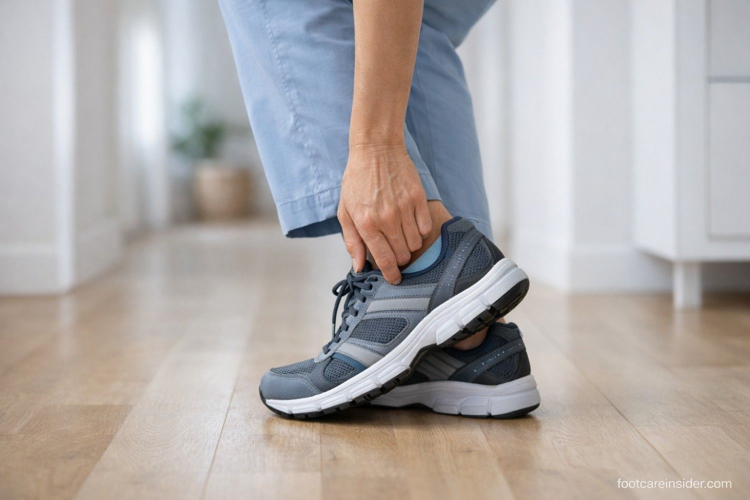 Adult adjusting a supportive walking shoe with a new insole while standing at home, illustrating mild arch discomfort during the normal adjustment period.