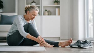 Woman sitting on the floor at home gently holding her foot after removing her walking shoes, illustrating everyday foot discomfort in a calm home environment.