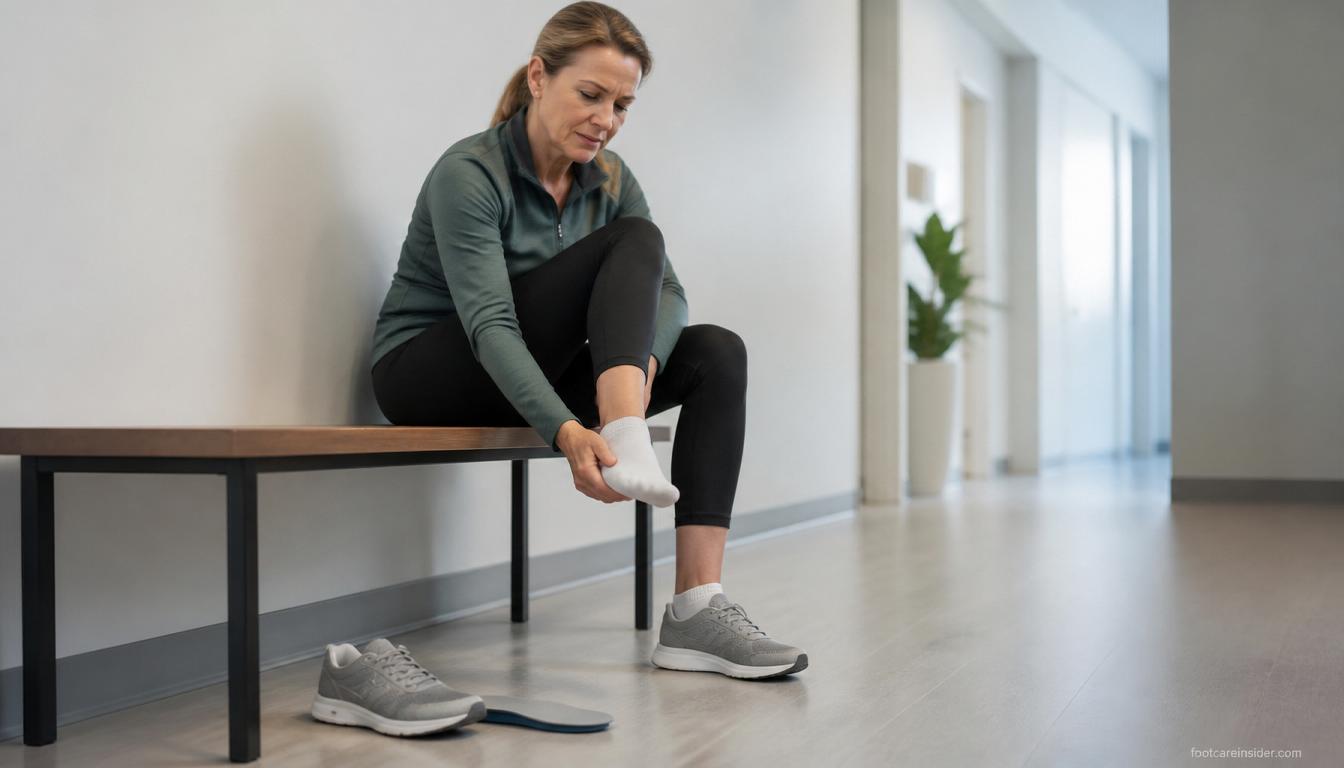 Adult walker pausing after a walk and gently holding the inner arch of one foot, with a walking shoe and supportive insole beside them in a clean clinical-style setting.