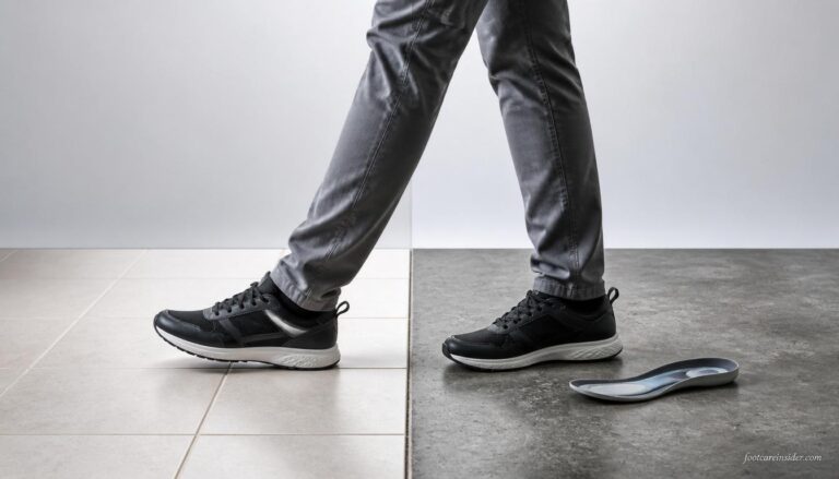 Person standing in supportive work shoes across tile and concrete floors to compare how each surface affects foot comfort and fatigue during long periods of standing.
