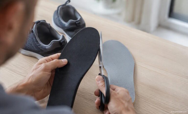 Adult carefully trimming a replacement shoe insole using the original insole as a guide before fitting it into a walking shoe.