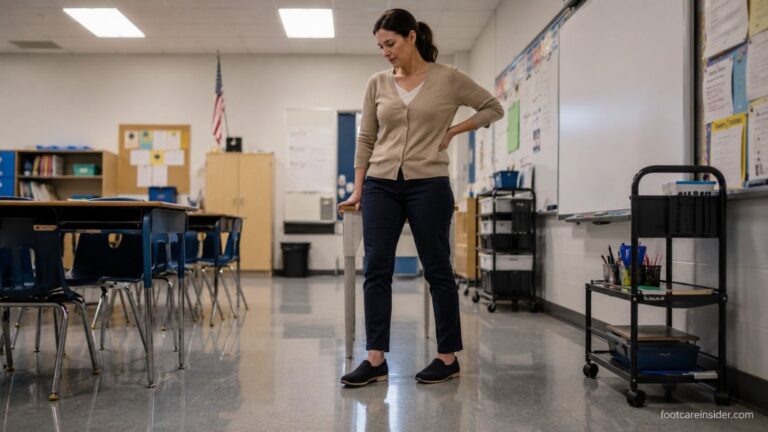 Teacher standing on a hard classroom floor after a long day, showing subtle signs of foot fatigue.