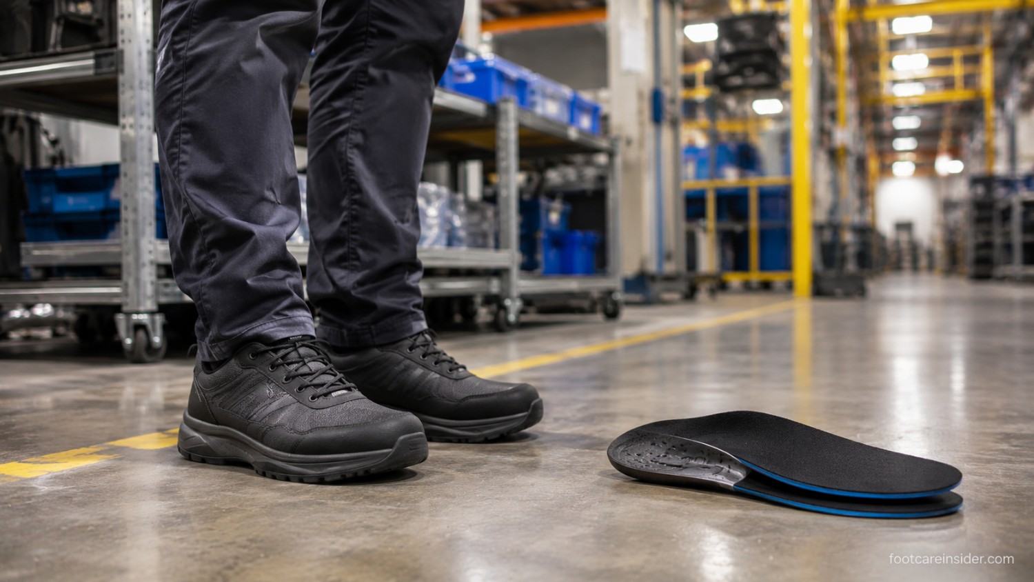 Factory worker wearing safety shoes on a hard concrete floor with a supportive insole nearby.