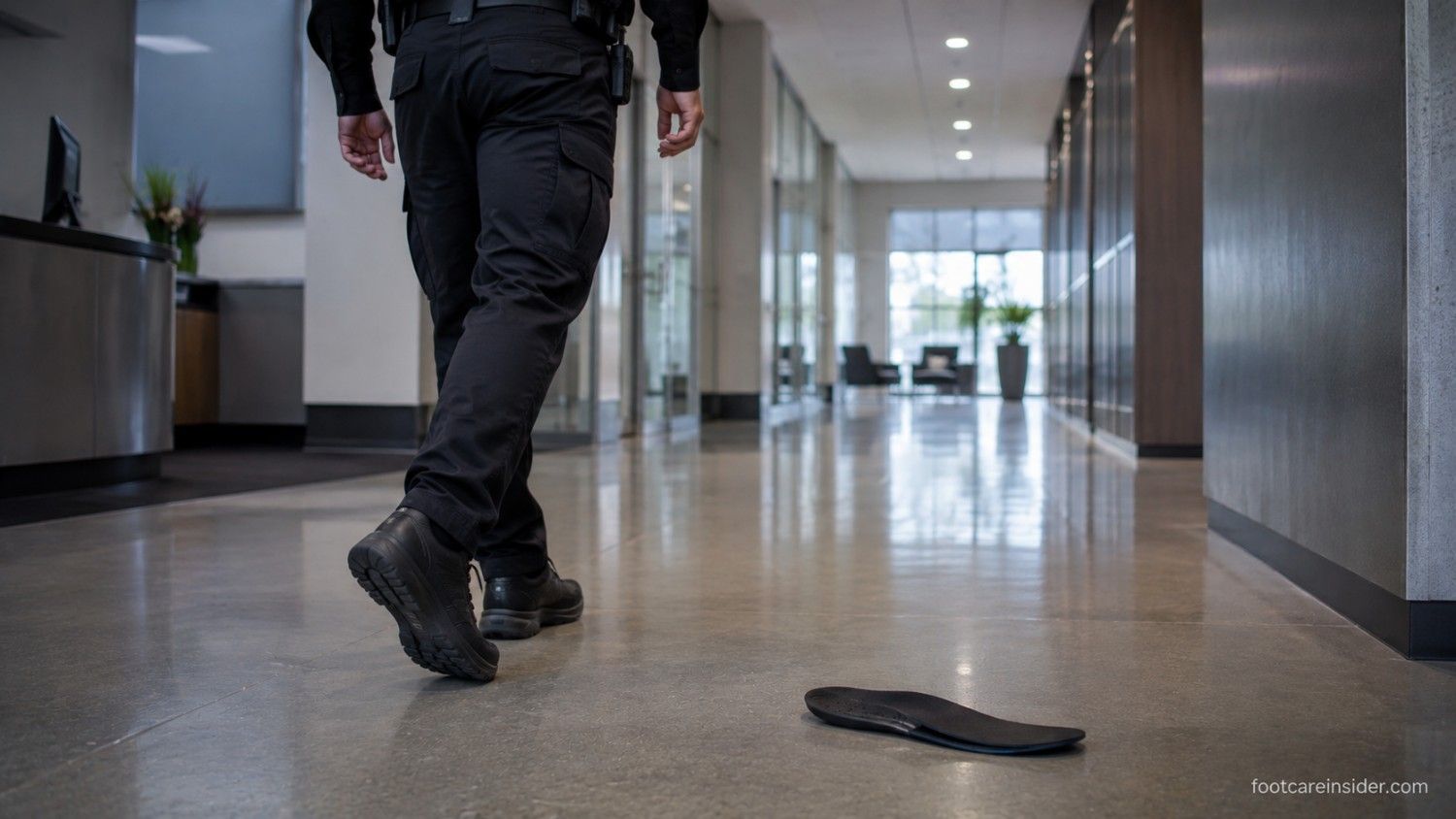 Security guard walking through a commercial building in work shoes during a long shift with a supportive insole nearby.