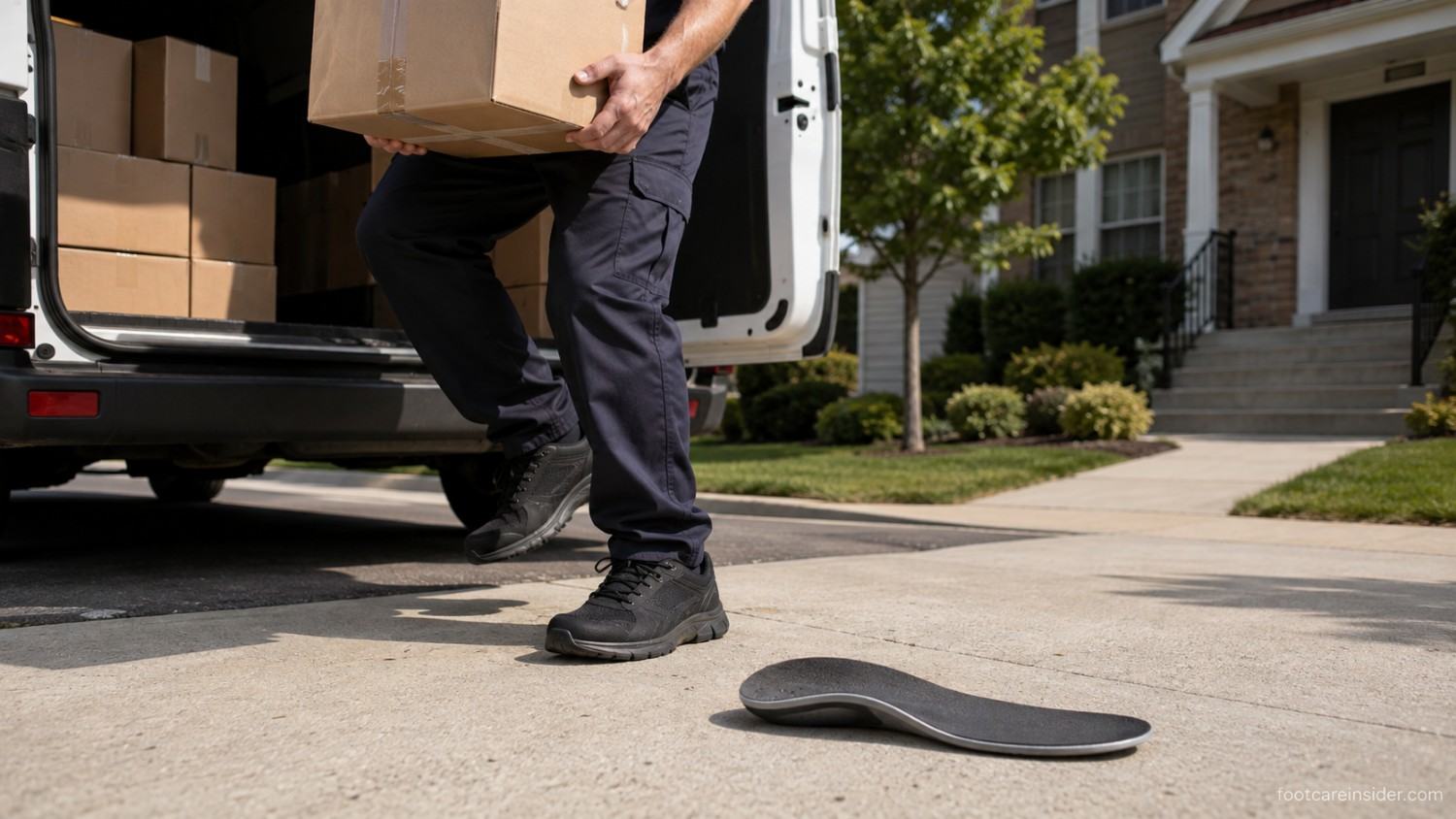 Delivery worker stepping from a van with a package while wearing supportive work shoes and an insole nearby.