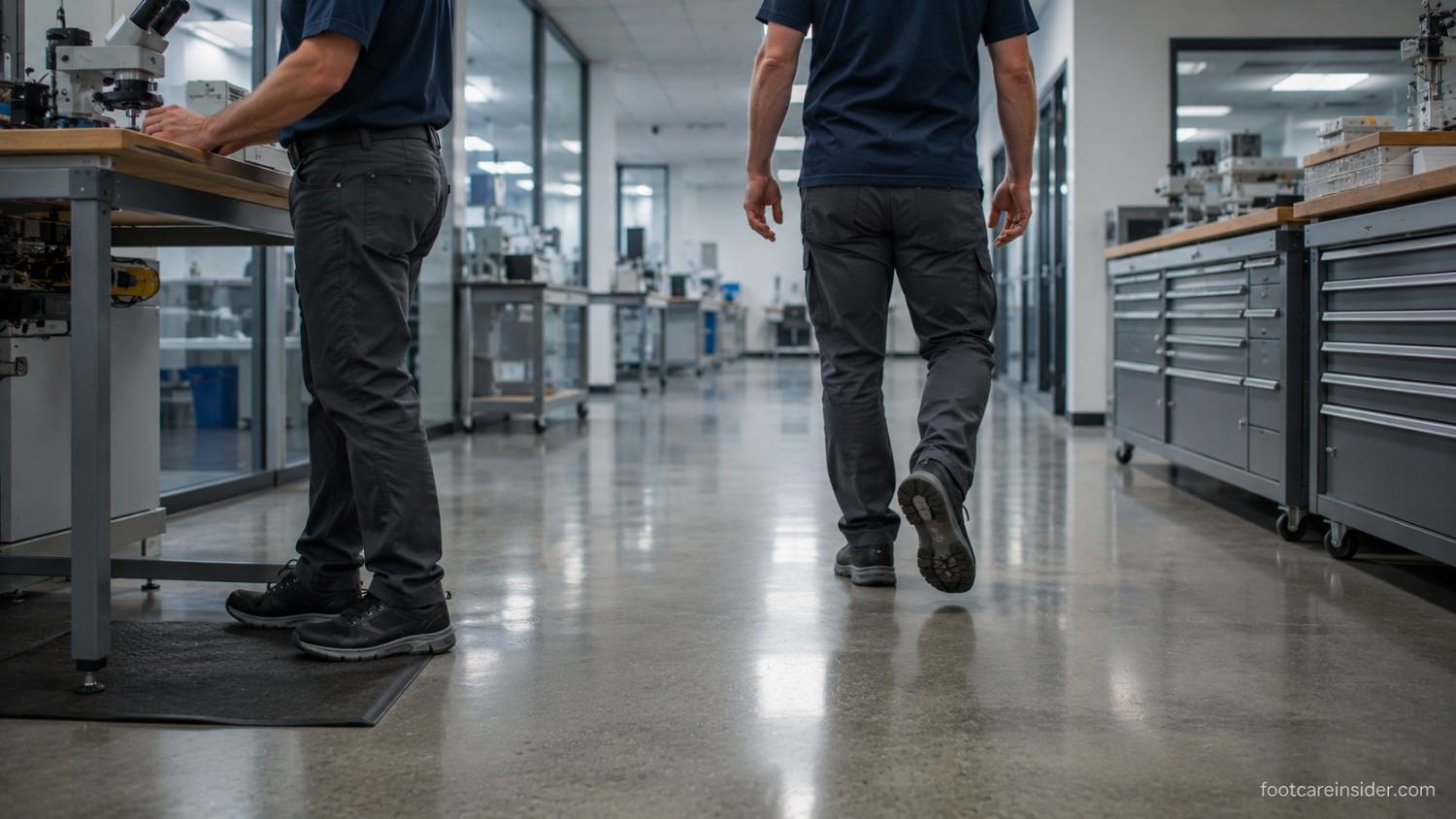 Worker shown standing at a workstation and walking through the same workplace during the day.