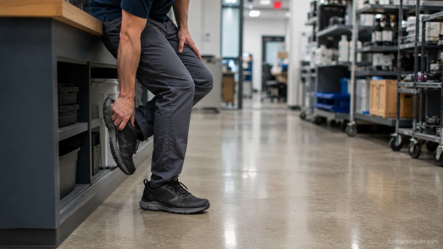 Worker adjusting a work shoe near the end of a long shift on a hard indoor floor.