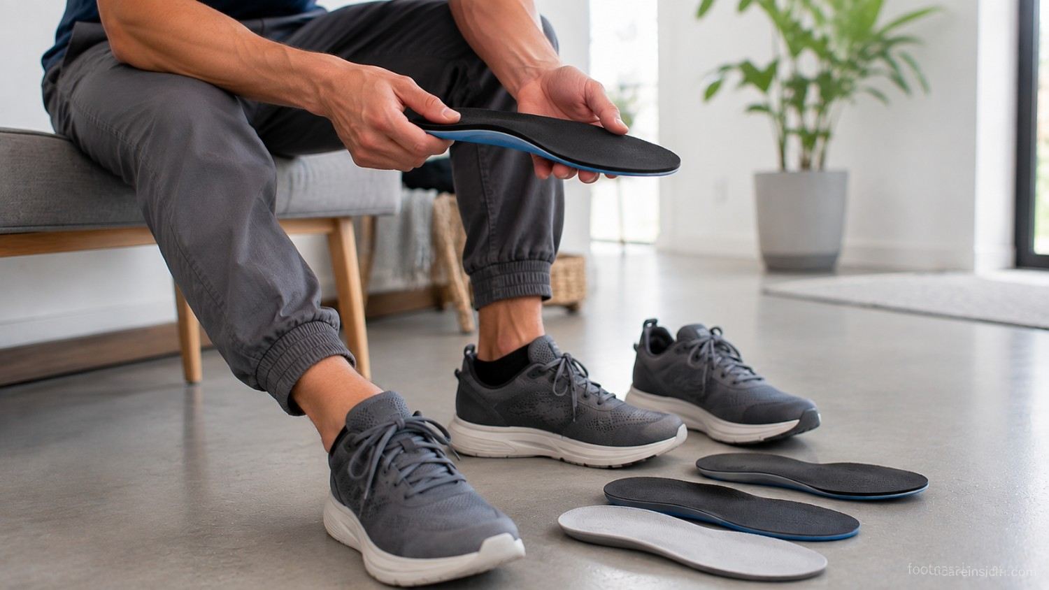Person choosing an everyday shoe and insole with several neutral support options nearby.