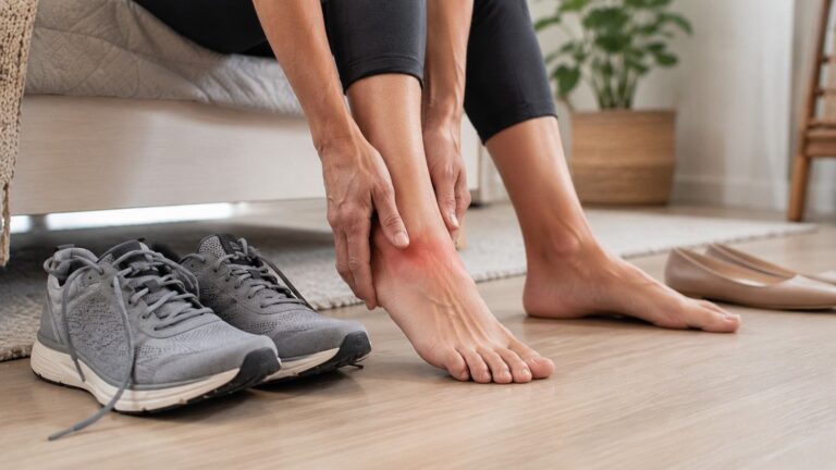 Person removing a walking shoe while gently touching the top of the foot.