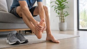 Person examining the sole of a foot after walking with a pair of walking shoes nearby.