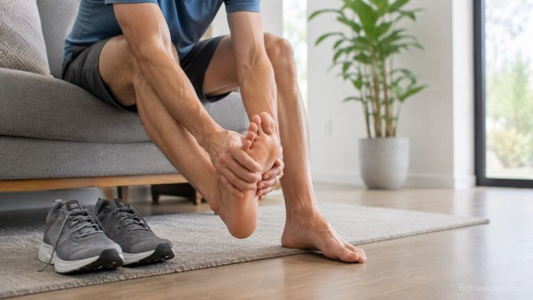 Person examining the sole of a foot after walking with a pair of walking shoes nearby.