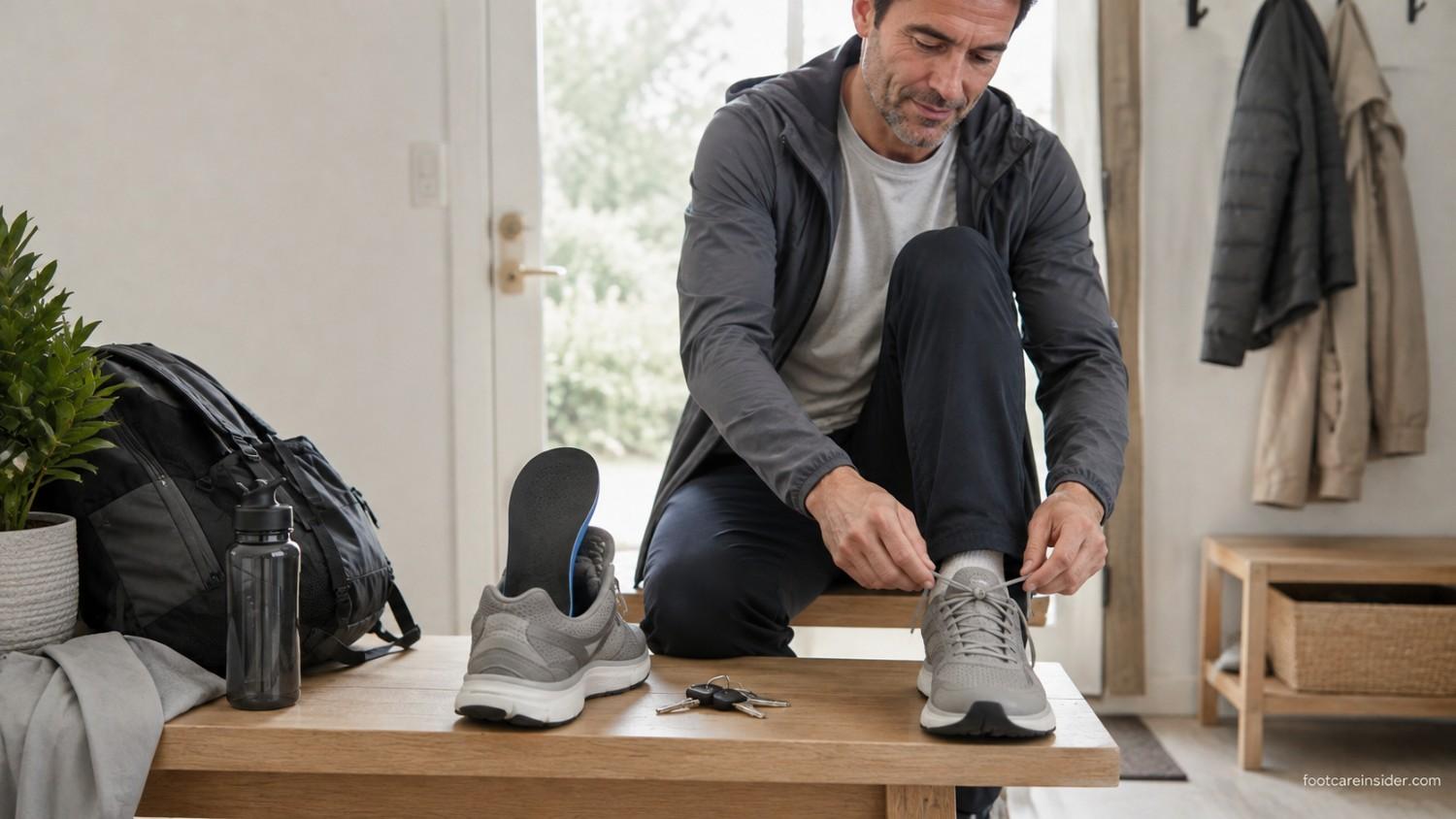Adult putting on a walking shoe with a slim low-profile insole that fits comfortably inside a tight-fitting sneaker in a bright home entryway.