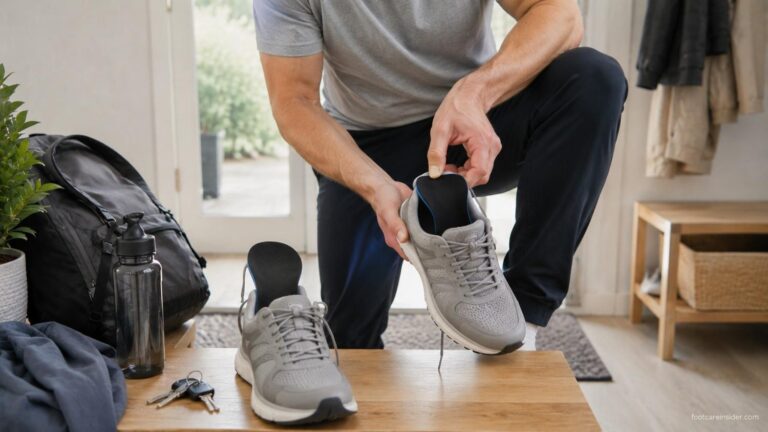 Adult flattening a curled insole inside a walking shoe before heading out in a bright Scandinavian-style home entryway.