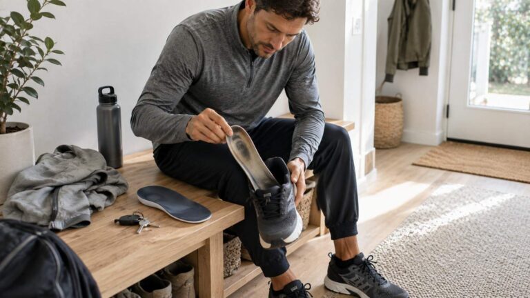 Adult comparing a compressed older insole with a newer EVA foam insole before putting on walking shoes for a daily routine.