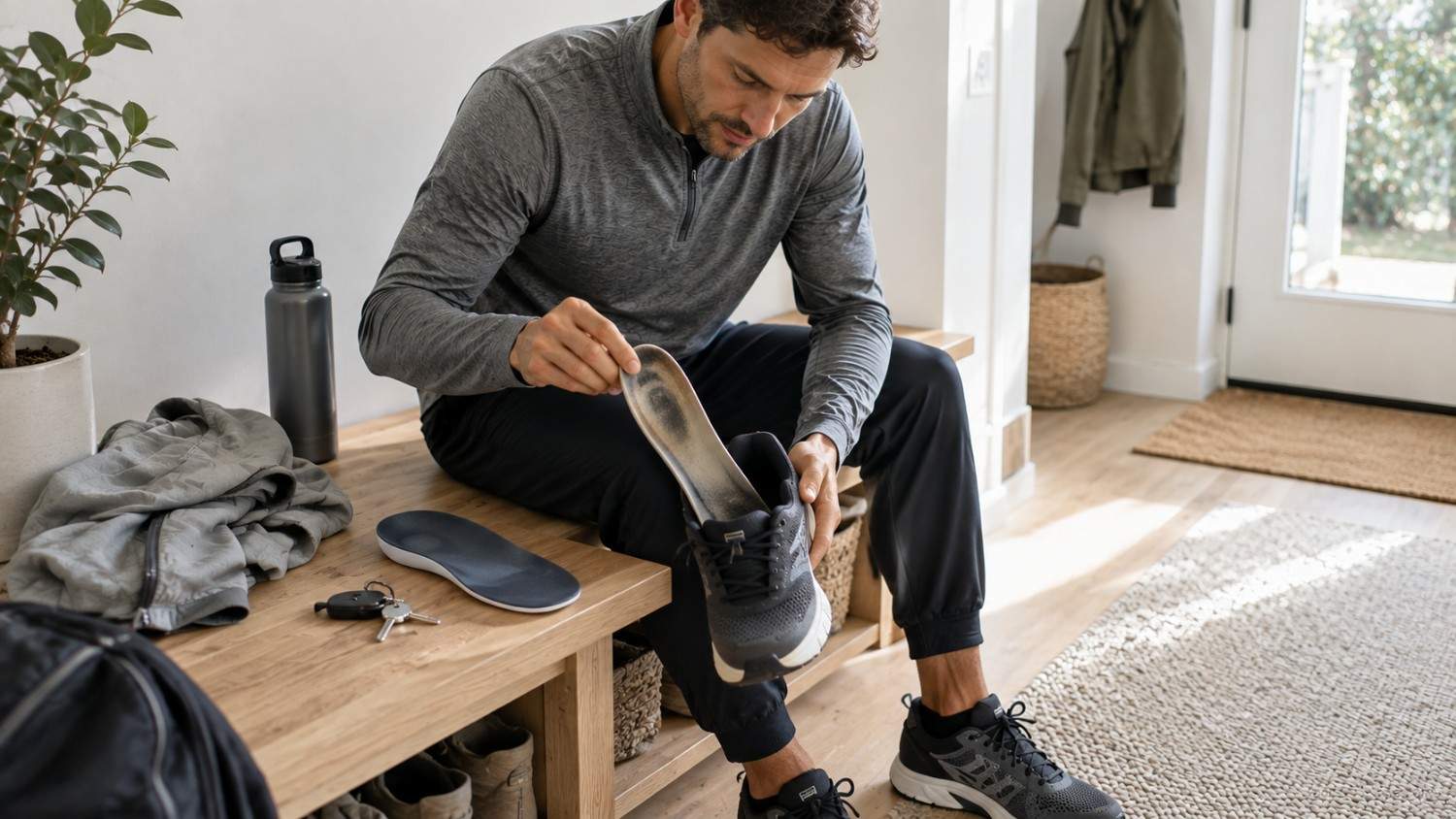 Adult comparing a compressed older insole with a newer EVA foam insole before putting on walking shoes for a daily routine.