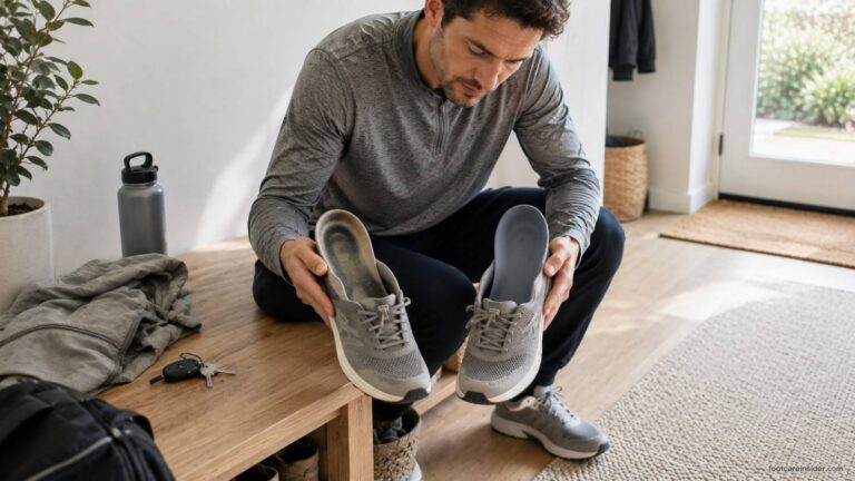 Adult comparing a worn insole and a new insole in matching walking shoes before heading out for a daily walk.