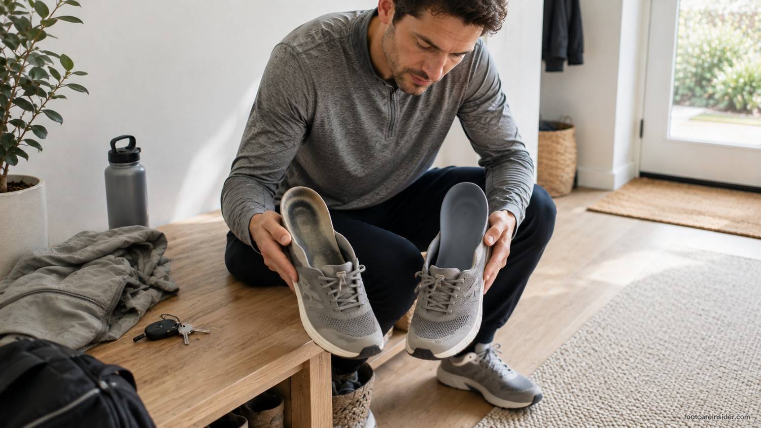 Adult comparing a worn insole and a new insole in matching walking shoes before heading out for a daily walk.