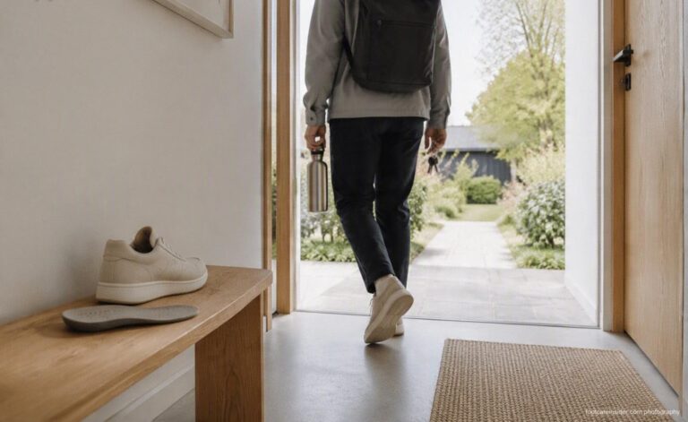 Adult leaving a modern home in everyday walking shoes with a replacement insole, illustrating comfortable daily support during routine walking.