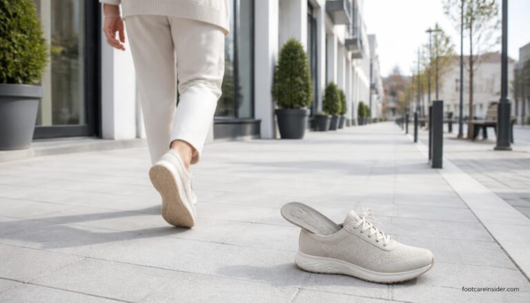 Adult walking in everyday sneakers with cushioned insoles designed to distribute forefoot pressure.