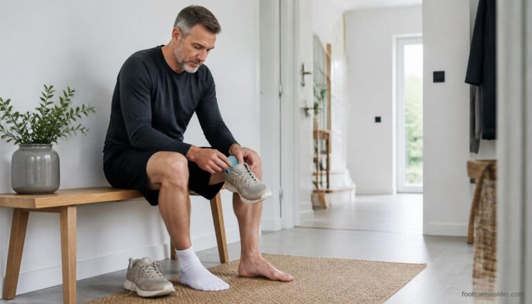 Adult removing a walking shoe to check the fit of a new insole after experiencing discomfort.