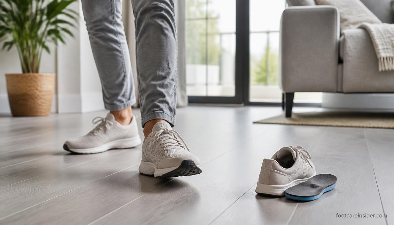 Adult walking in new sneakers with replacement insoles while adjusting to the changed foot support.