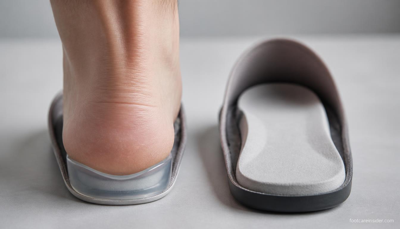 A bare foot rests beside a small gel heel cup and a full-length foam insole, showing the size and coverage difference between the two support options.