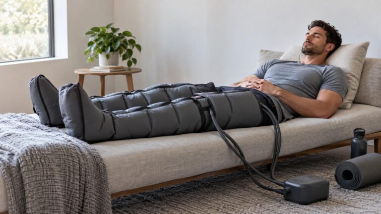 Person relaxing at home with sequential air compression sleeves fitted over both legs during a post-workout recovery session