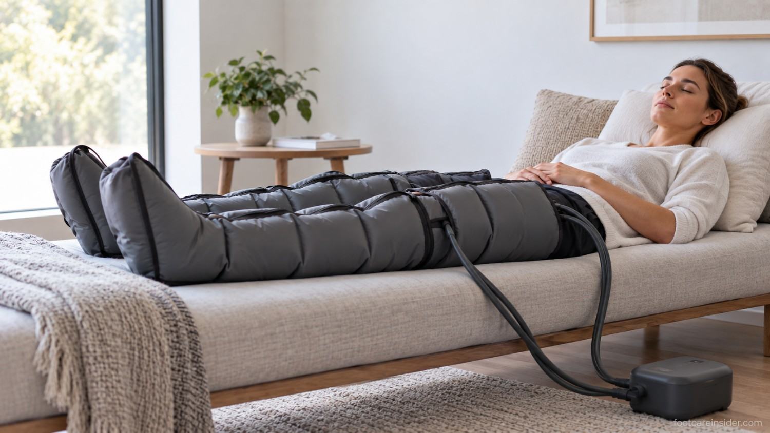 Person resting at home with sequential air compression sleeves fitted over both legs during a recovery session