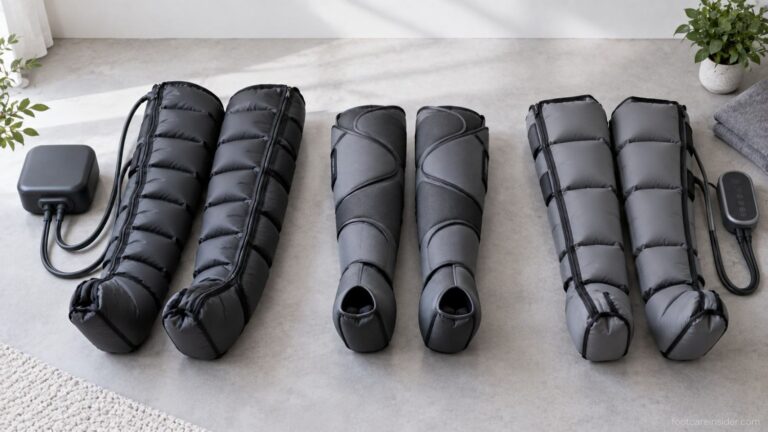 Three different pneumatic compression boot designs arranged side by side, showing corded and wireless leg recovery systems for comparison
