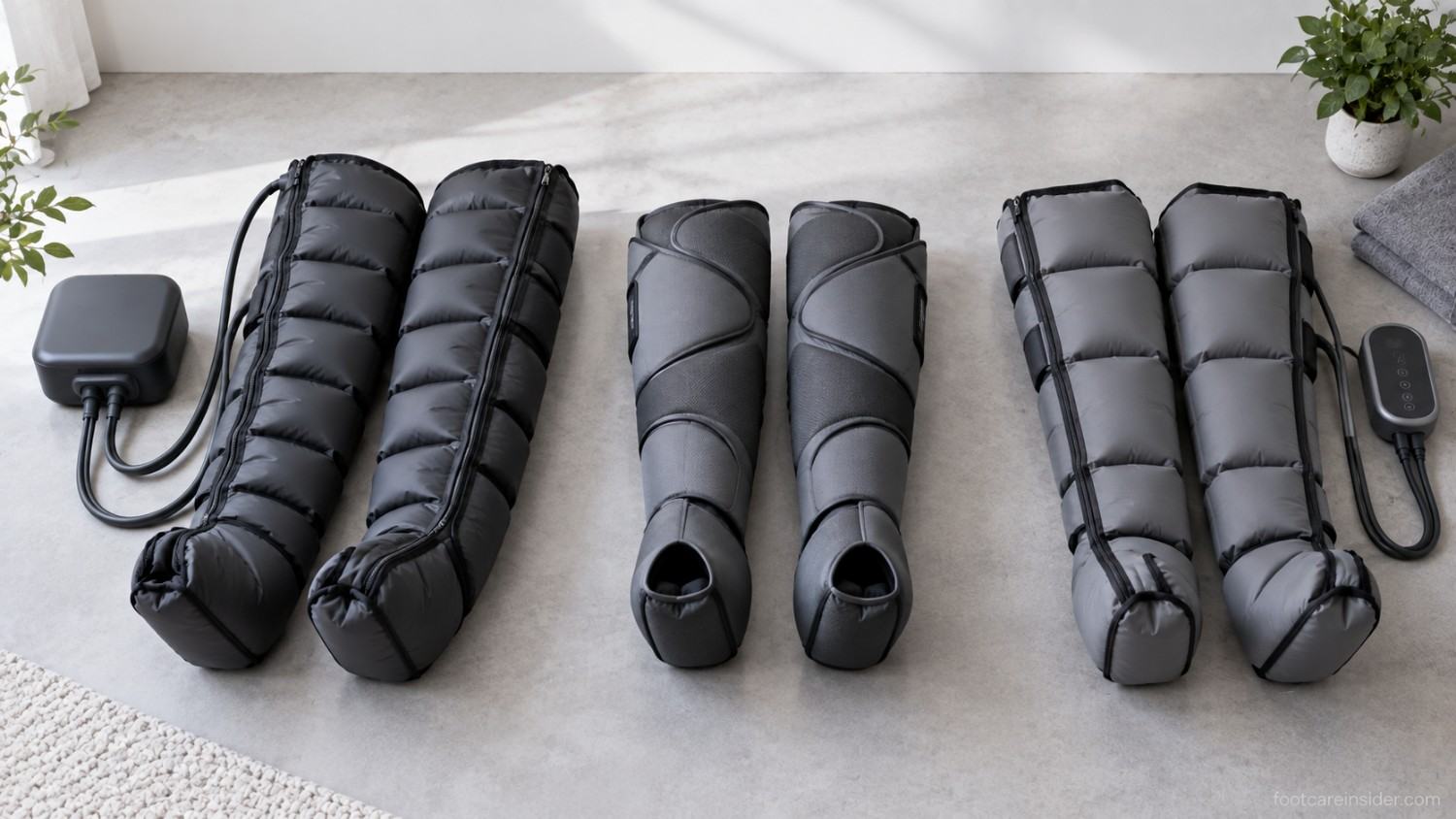 Three different pneumatic compression boot designs arranged side by side, showing corded and wireless leg recovery systems for comparison