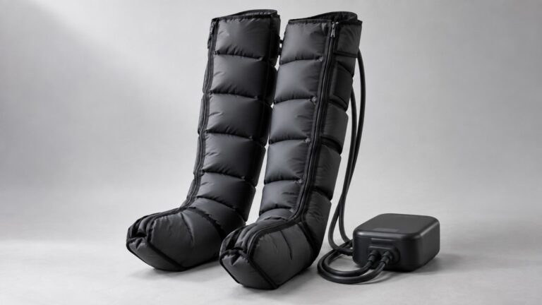 Hyperice Normatec 3 Legs compression boots and control unit on a neutral background