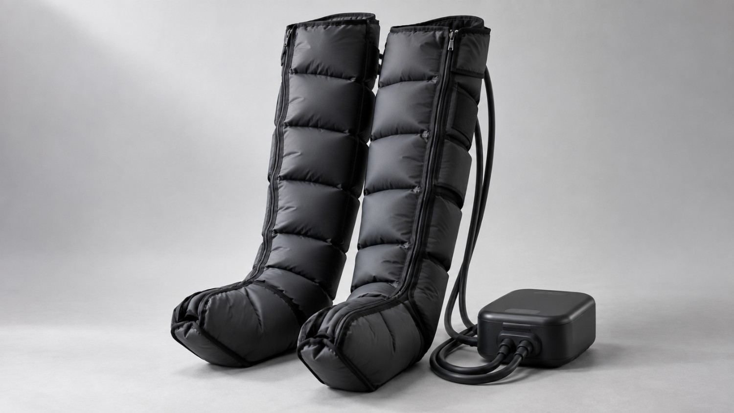 Hyperice Normatec 3 Legs compression boots and control unit on a neutral background